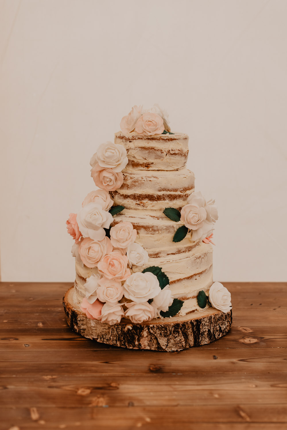 Semi Naked Cake Flowers Log Slice Family Farm Wedding Janine Kirkwood Photography