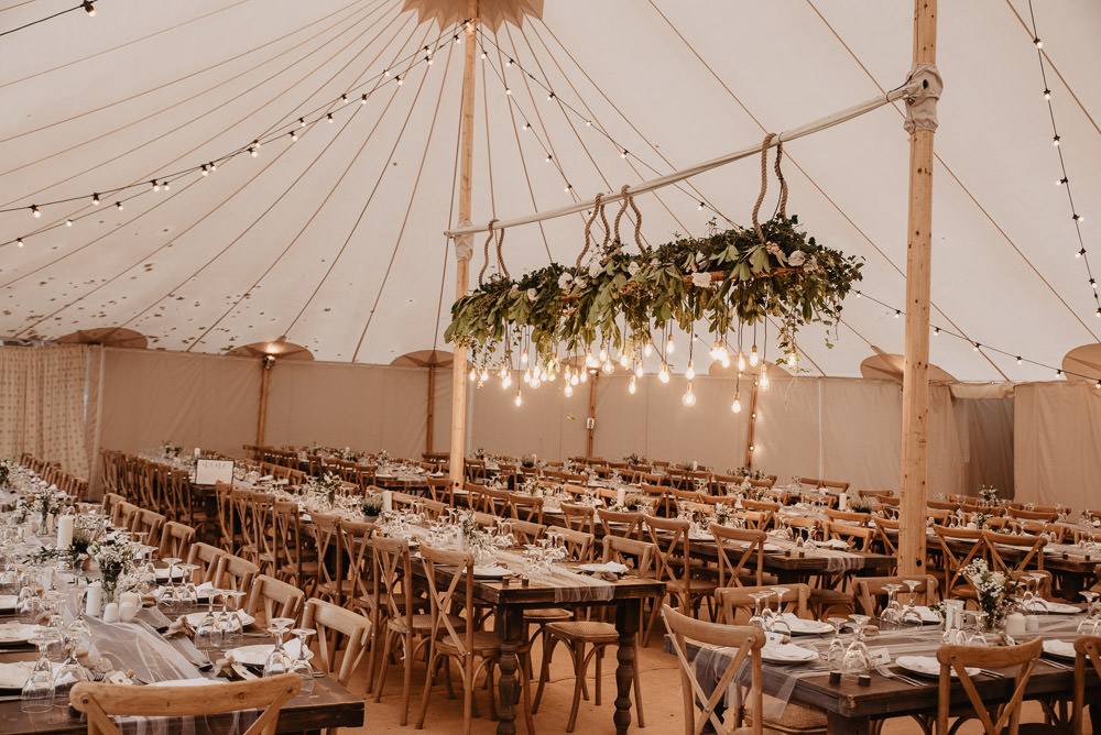 Pole Tent Marquee Hanging Suspended Greenery Edison Lights Festoon Lighting Family Farm Wedding Janine Kirkwood Photography