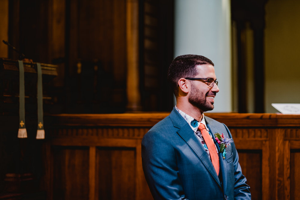 Groom Floral Shirt Orange Tie Blue Suit HOME Manchester Wedding Kate McCarthy Photography