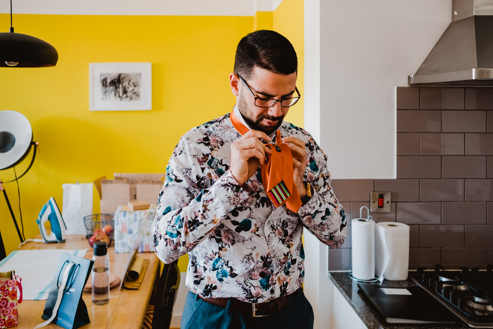 Groom Floral Shirt Orange Tie HOME Manchester Wedding Kate McCarthy Photography