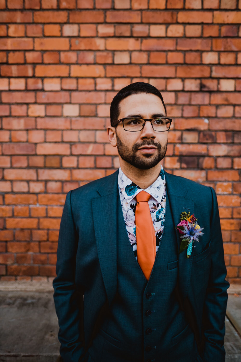 Groom Floral Shirt Orange Tie Blue Suit HOME Manchester Wedding Kate McCarthy Photography