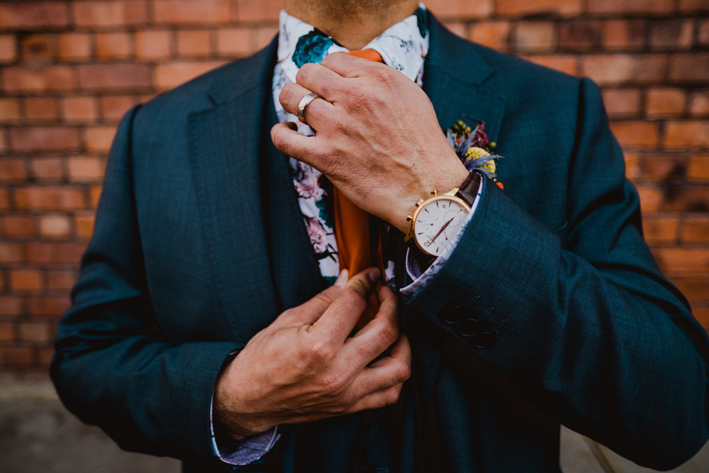 Groom Floral Shirt Orange Tie Blue Suit HOME Manchester Wedding Kate McCarthy Photography