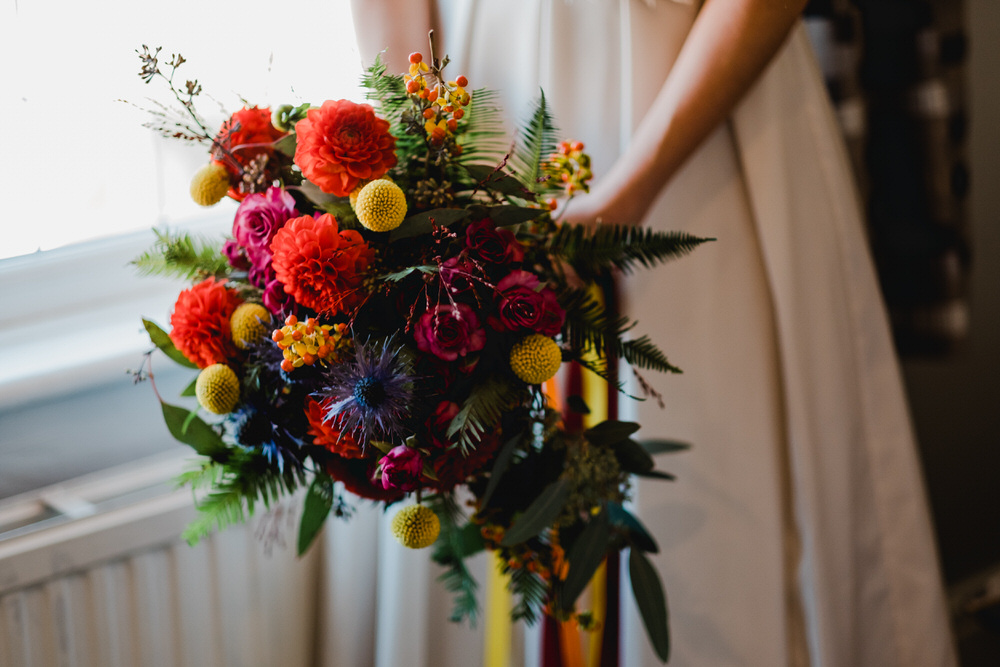 Bouquet Flowers Bride Bridal Colourful Dahlia Rose HOME Manchester Wedding Kate McCarthy Photography