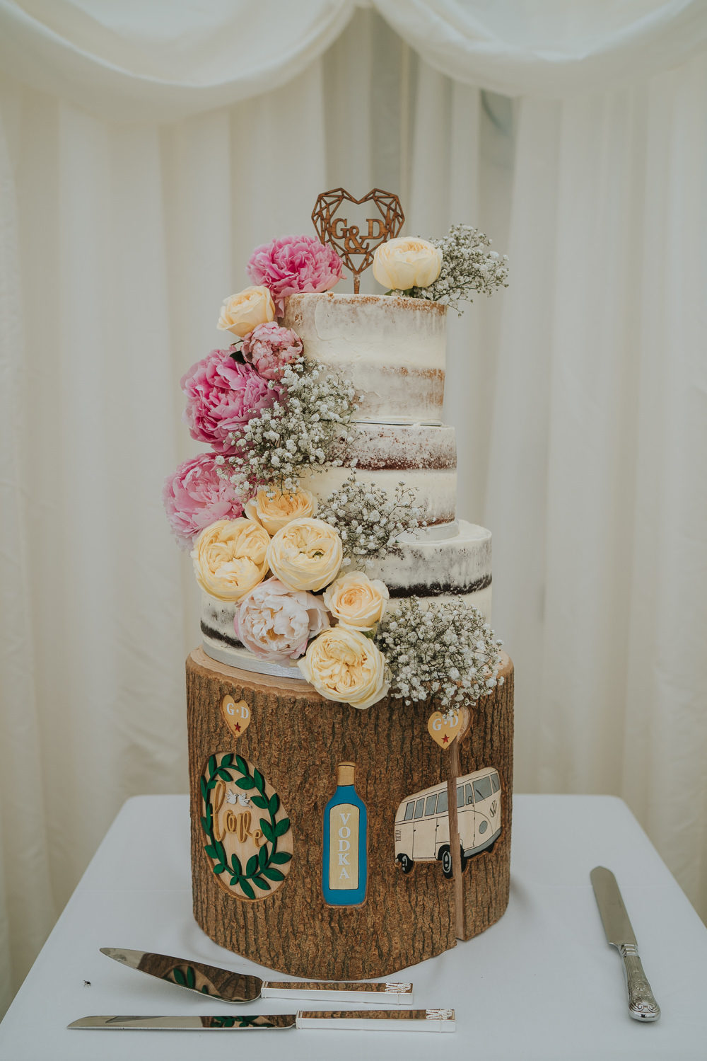 Semi Naked Cake Flowers Yellow Pink Log Stand Wooden High House Weddings Grace Elizabeth Photography