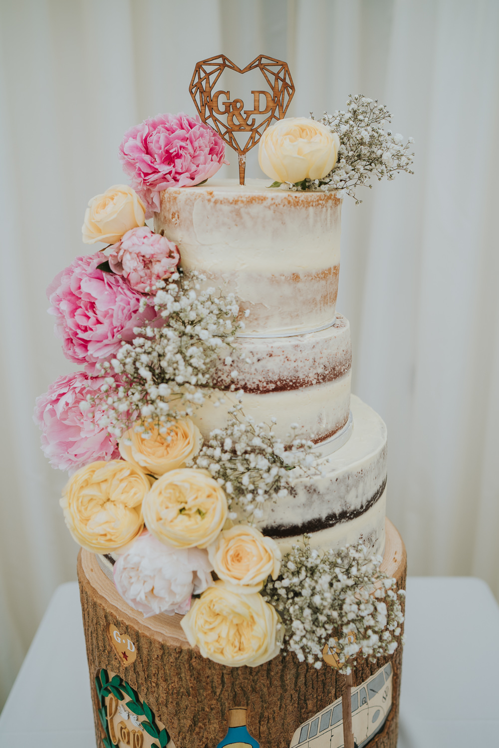 Semi Naked Cake Flowers Yellow Pink Log Stand Wooden High House Weddings Grace Elizabeth Photography
