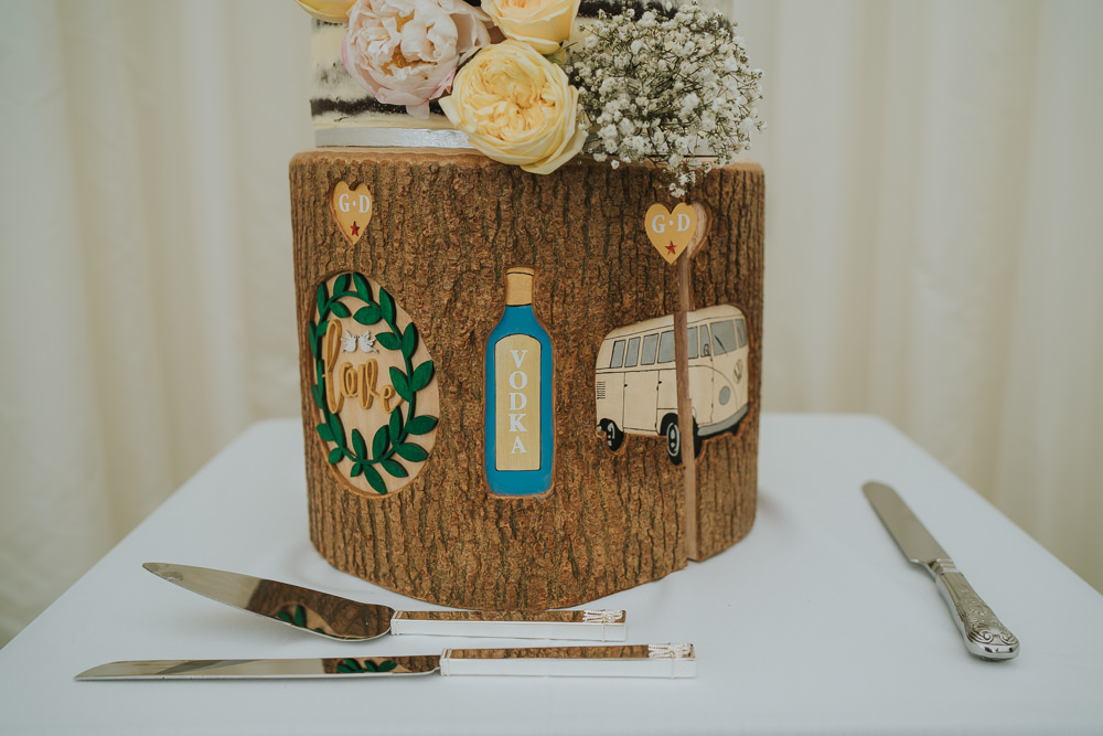 Semi Naked Cake Flowers Yellow Pink Log Stand Wooden High House Weddings Grace Elizabeth Photography