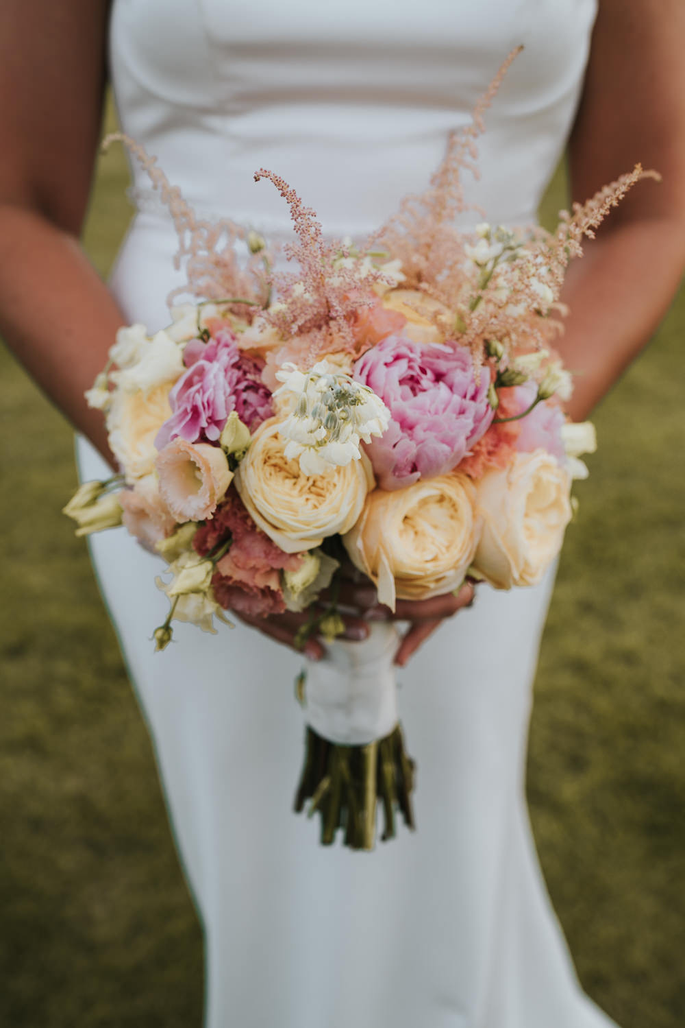 Bouquet Flowers Bride Bridal Bridesmaid Peach Pink Rose Peony Astilbe High House Weddings Grace Elizabeth Photography