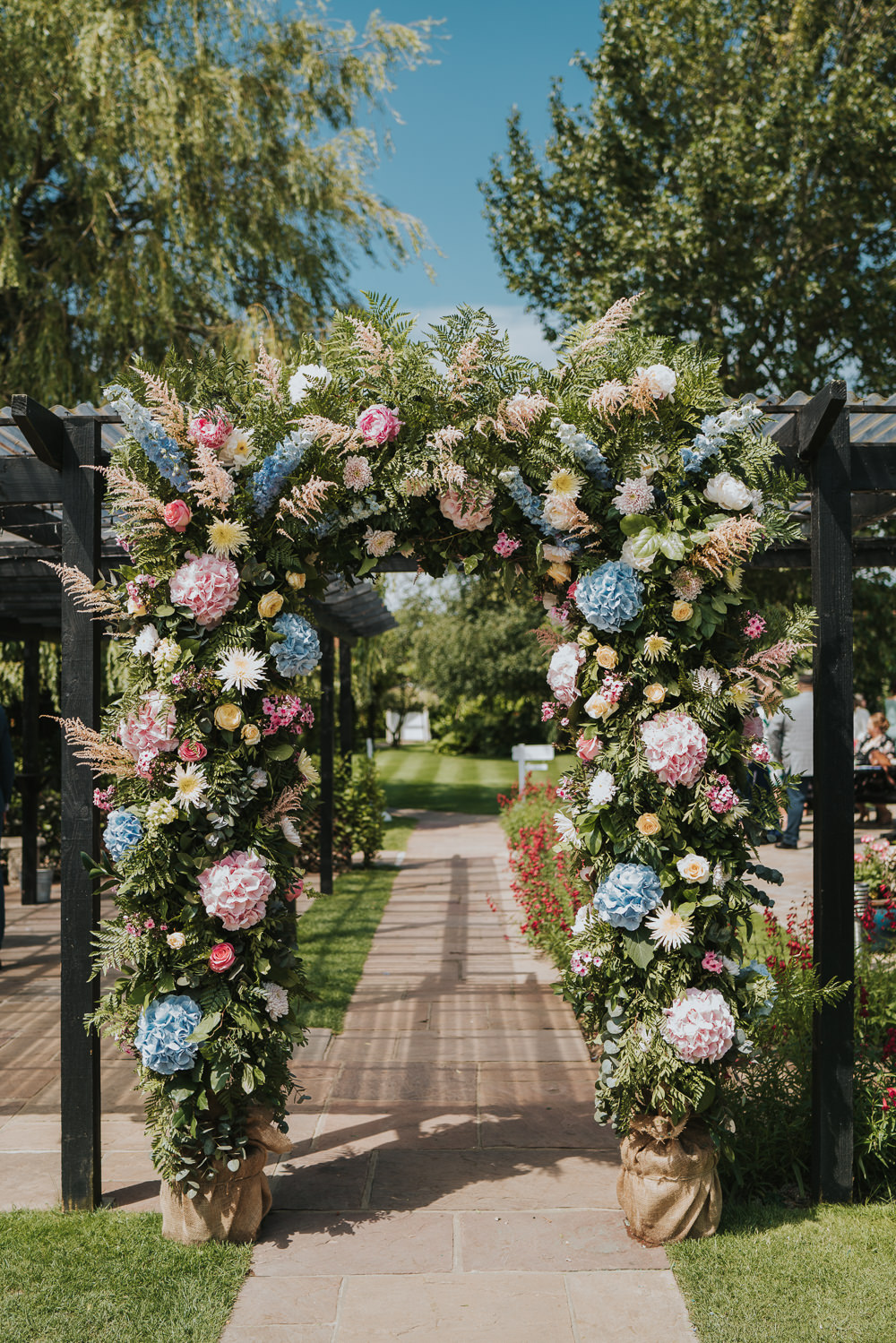 Flower Arch Pink Blue Hydrangea Astilbe High House Weddings Grace Elizabeth Photography