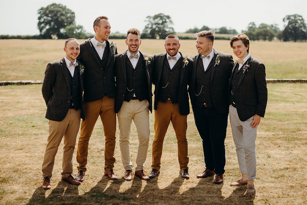 Groom Suit Tweed Jacket Waistcoat Bow Tie Trousers Groomsmen Hornington Manor Wedding Richard Skins Photography