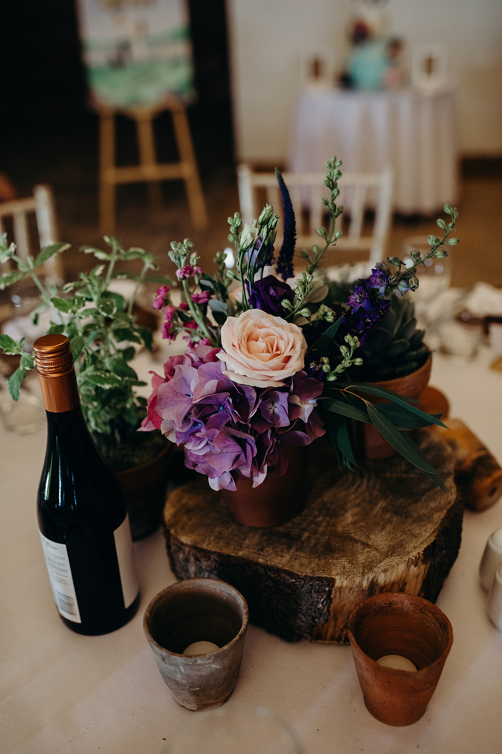 Centrepiece Decor Table Log Slice Flowers Hornington Manor Wedding Richard Skins Photography