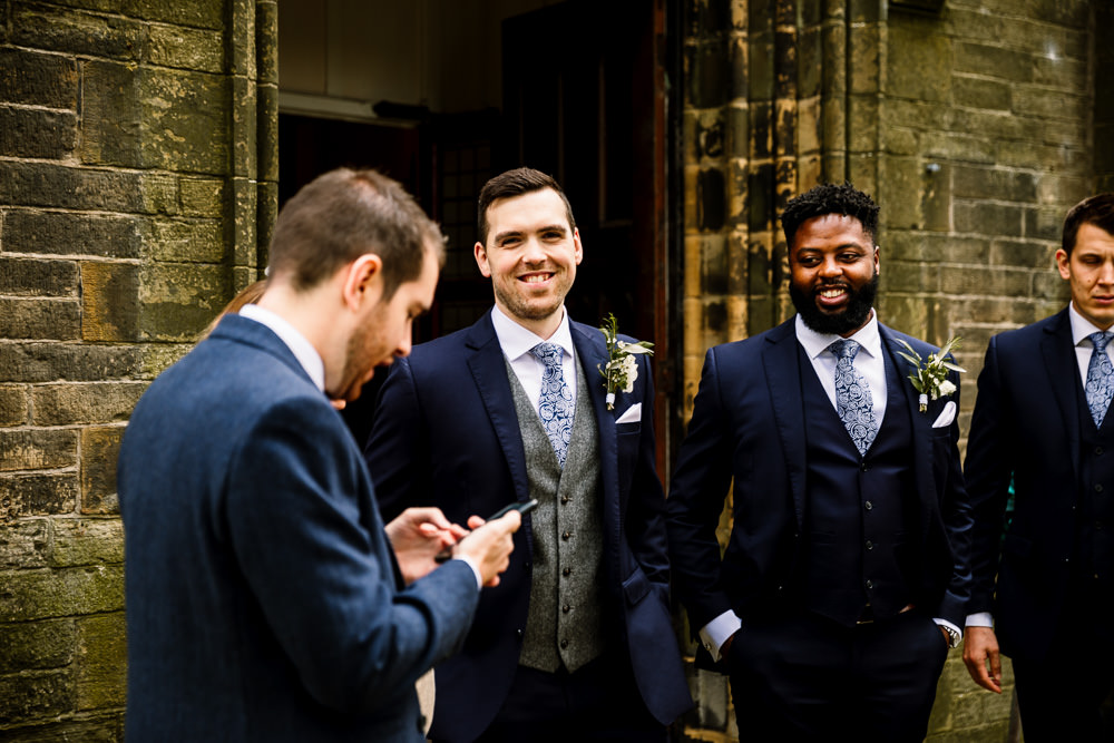 Groom Suit Navy Grey Waistcoat Tie Groomsmen Industrial Mill Wedding Hayley Baxter Photography