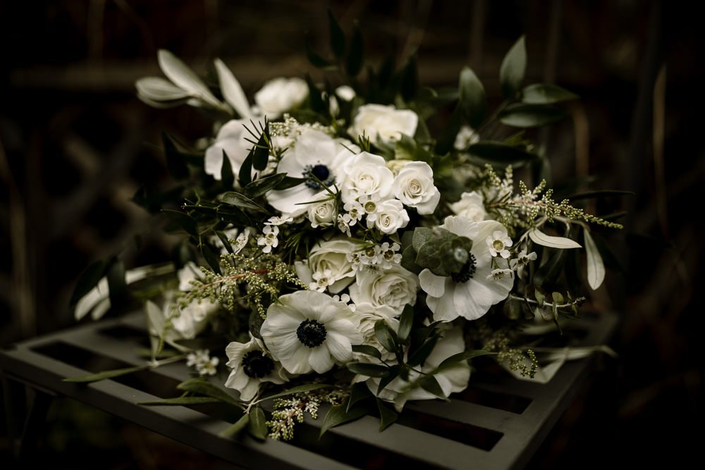 Bride Bridal Bouquet Flowers White Greenery Anemone Industrial Mill Wedding Hayley Baxter Photography