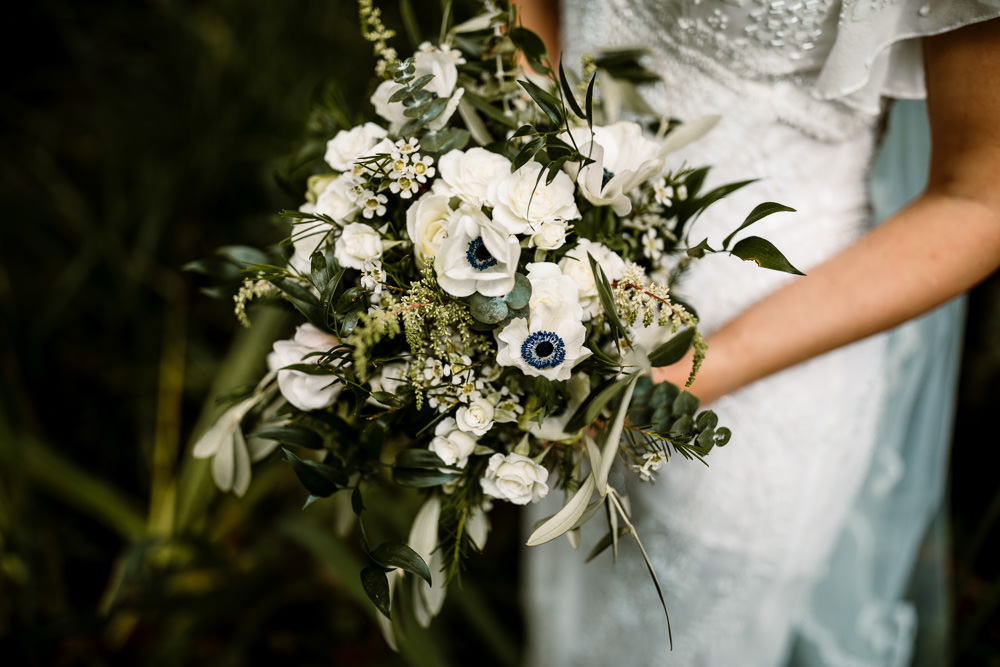 Bride Bridal Bouquet Flowers White Greenery Anemone Industrial Mill Wedding Hayley Baxter Photography