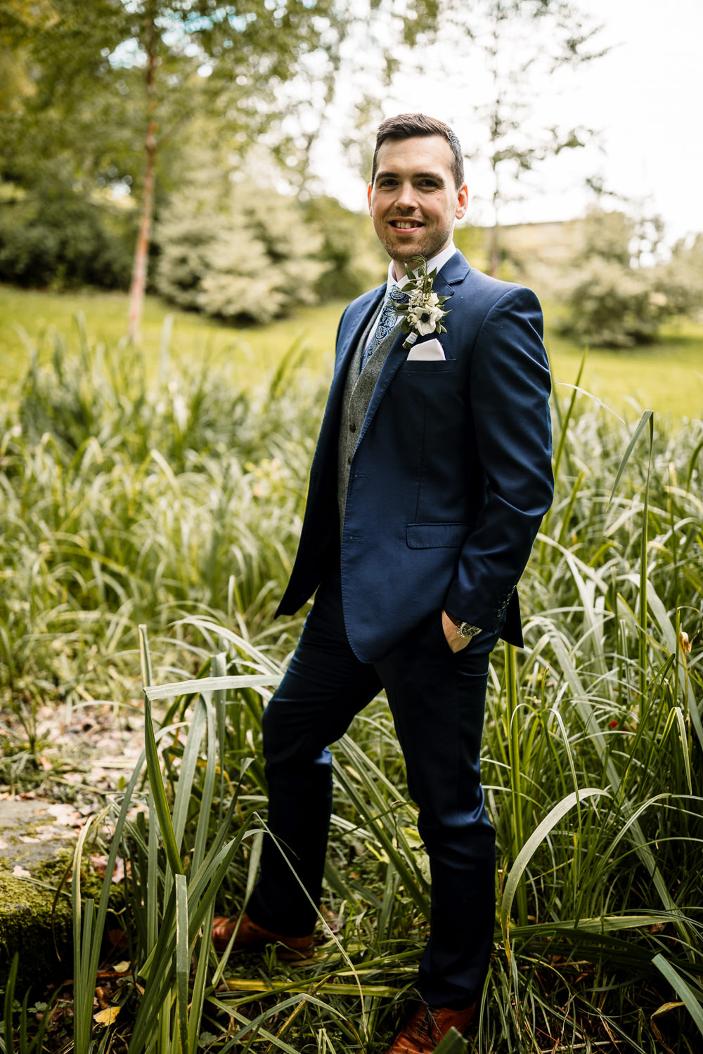 Groom Suit Navy Grey Waistcoat Tie Mill Wedding Hayley Baxter Photography