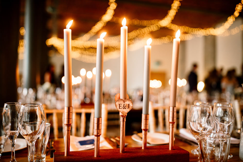 Tall Candles Decor Table Industrial Mill Wedding Hayley Baxter Photography