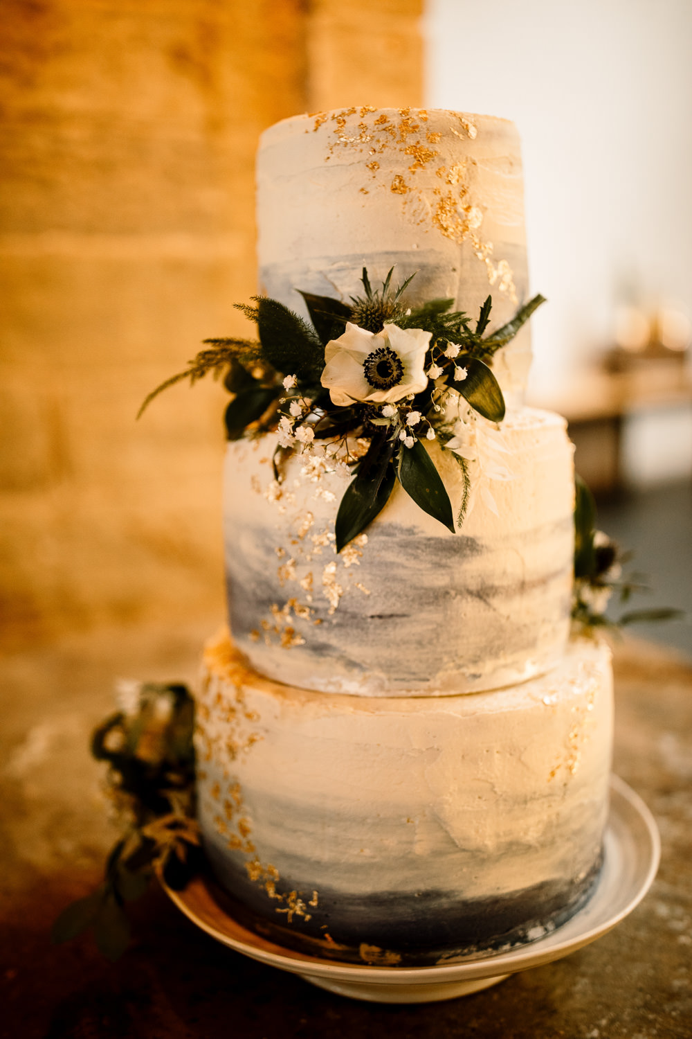 Watercolour Cake Gold Leaf Flowers Industrial Mill Wedding Hayley Baxter Photography