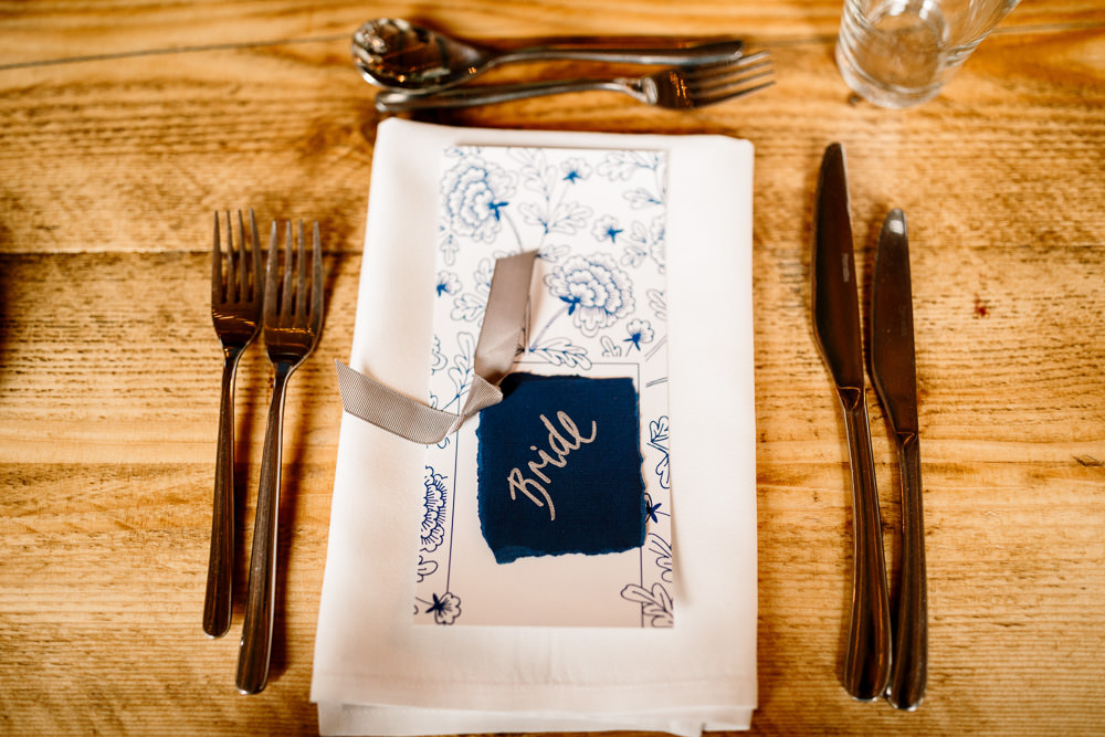 Place Setting Decor Place Name Calligraphy Industrial Mill Wedding Hayley Baxter Photography