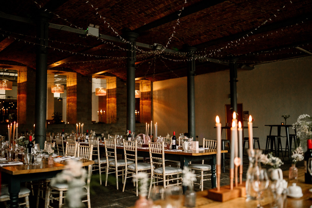 Arches in Halifax Warehouse Fairy Lights Long Tables Decor Industrial Mill Wedding Hayley Baxter Photography