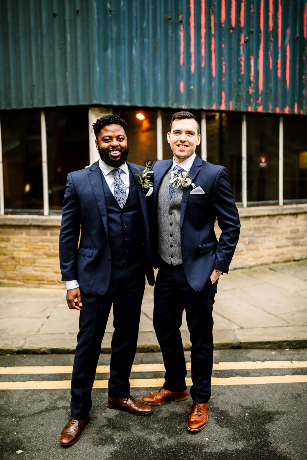 Groom Suit Navy Grey Waistcoat Tie Groomsmen Industrial Mill Wedding Hayley Baxter Photography