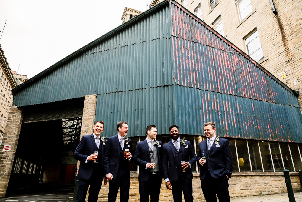 Groom Suit Navy Grey Waistcoat Tie Groomsmen Industrial Mill Wedding Hayley Baxter Photography
