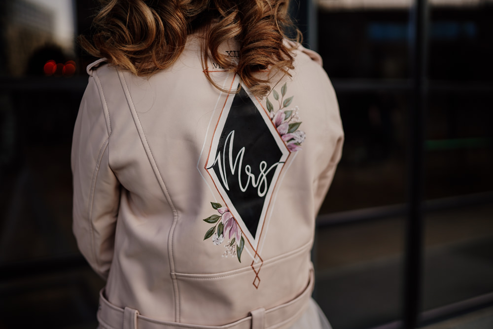 Bride Bridal Jacket Pink Painted Personalised Industrial Wedding Ideas Sam Sparks Photography