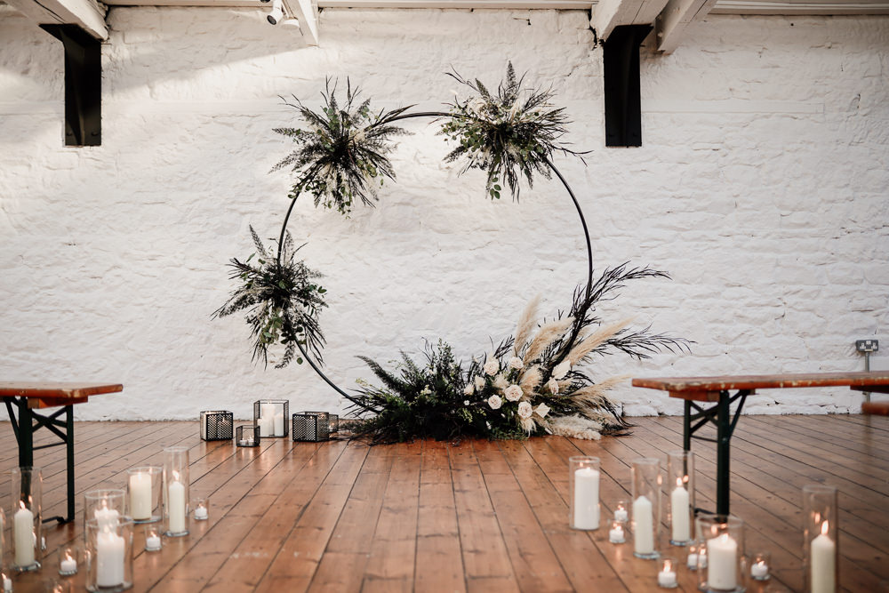 Moongate Flower Arch Candles Aisle Ceremony Pampas Grass Industrial Wedding Ideas Sam Sparks Photography
