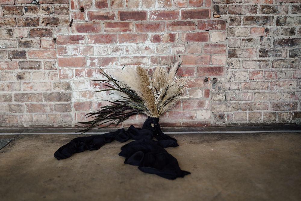 Bride Bridal Bouquet Flowers Pampas Grass Black Ribbon Industrial Wedding Ideas Sam Sparks Photography