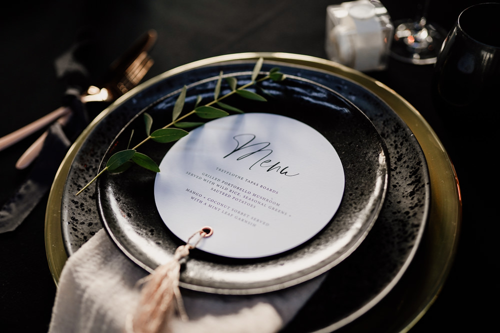 Place Setting Decor Stationery Tassel Black Plate Industrial Wedding Ideas Sam Sparks Photography