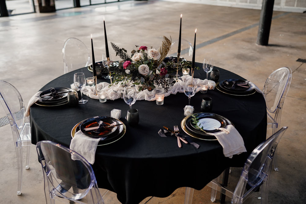 Table Tablescape Decor Black Table Cloth Candles Flowers Industrial Wedding Ideas Sam Sparks Photography