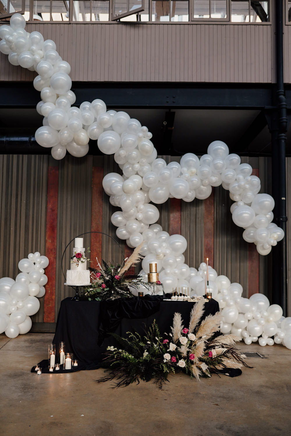 Cake Table Dessert Balloon Installation Candles Industrial Wedding Ideas Sam Sparks Photography