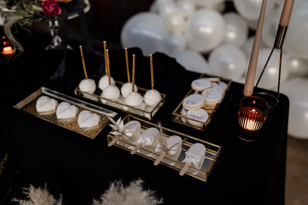 Cake Table Dessert Balloon Installation Candles Industrial Wedding Ideas Sam Sparks Photography