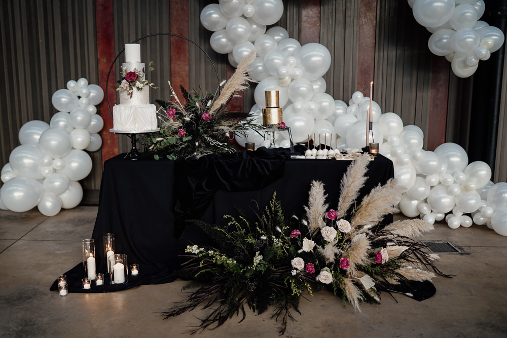 Cake Table Dessert Balloon Installation Candles Industrial Wedding Ideas Sam Sparks Photography