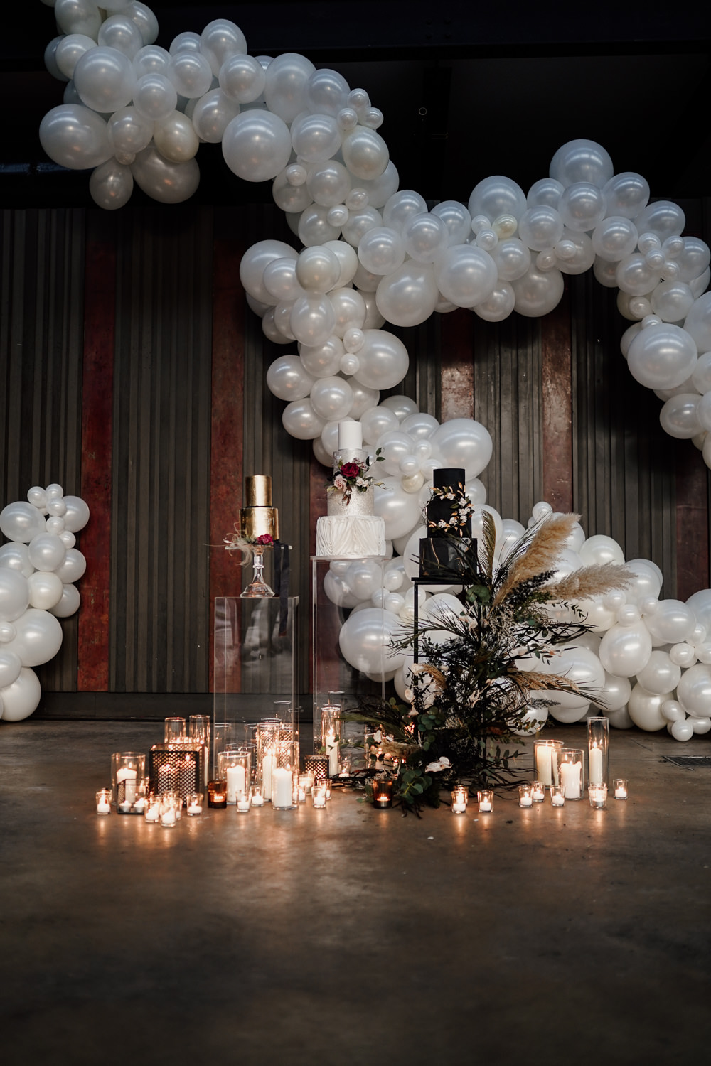 Cake Table Dessert Balloon Installation Candles Industrial Wedding Ideas Sam Sparks Photography