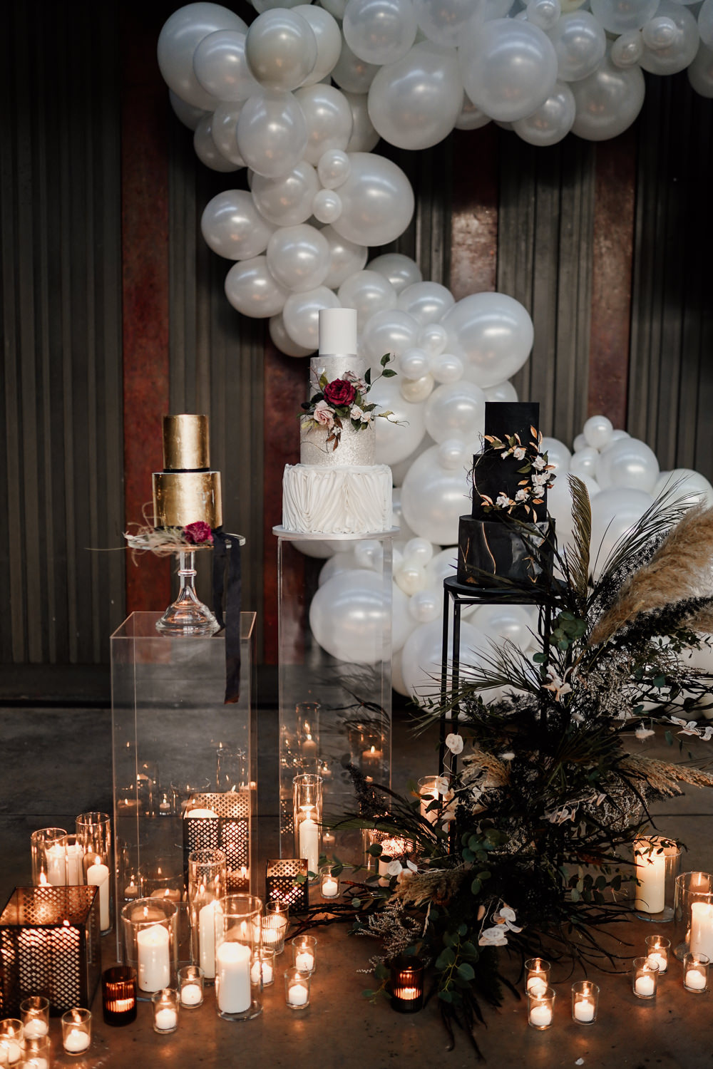 Cake Table Dessert Balloon Installation Candles Industrial Wedding Ideas Sam Sparks Photography