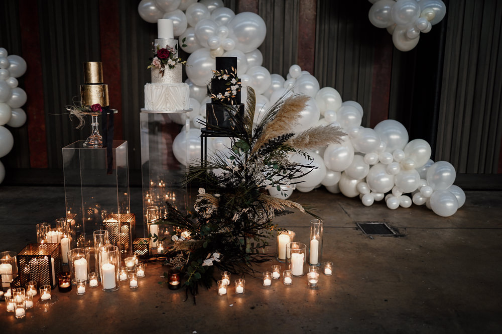 Cake Table Dessert Balloon Installation Candles Industrial Wedding Ideas Sam Sparks Photography