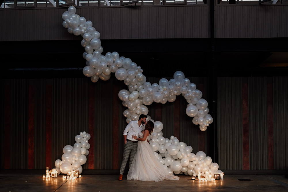 Balloon Installation Backdrop Industrial Wedding Ideas Sam Sparks Photography
