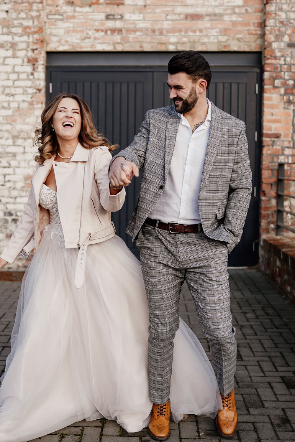 Groom Suit Greu Check Open Collar Shirt Industrial Wedding Ideas Sam Sparks Photography