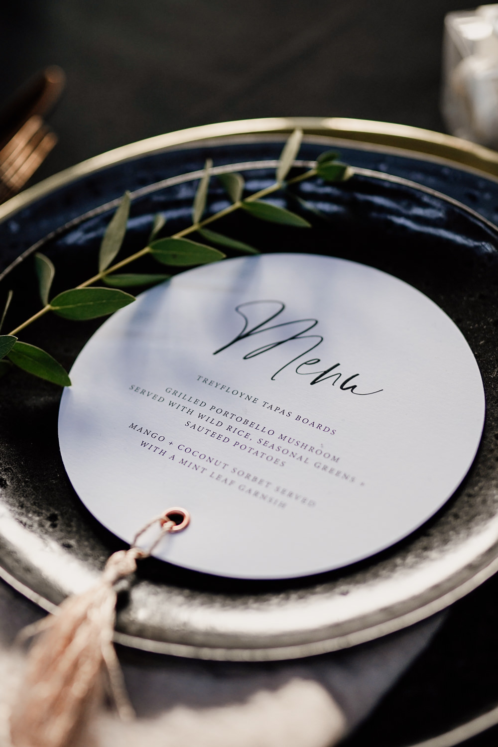 Place Setting Decor Stationery Tassel Black Plate Industrial Wedding Ideas Sam Sparks Photography