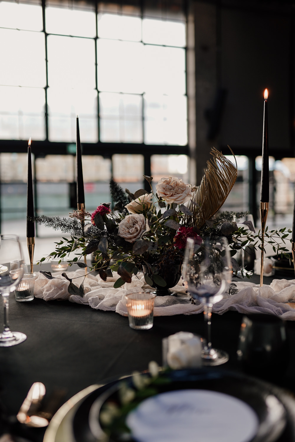 Table Tablescape Decor Black Table Cloth Candles Flowers Pampas Grass Industrial Wedding Ideas Sam Sparks Photography