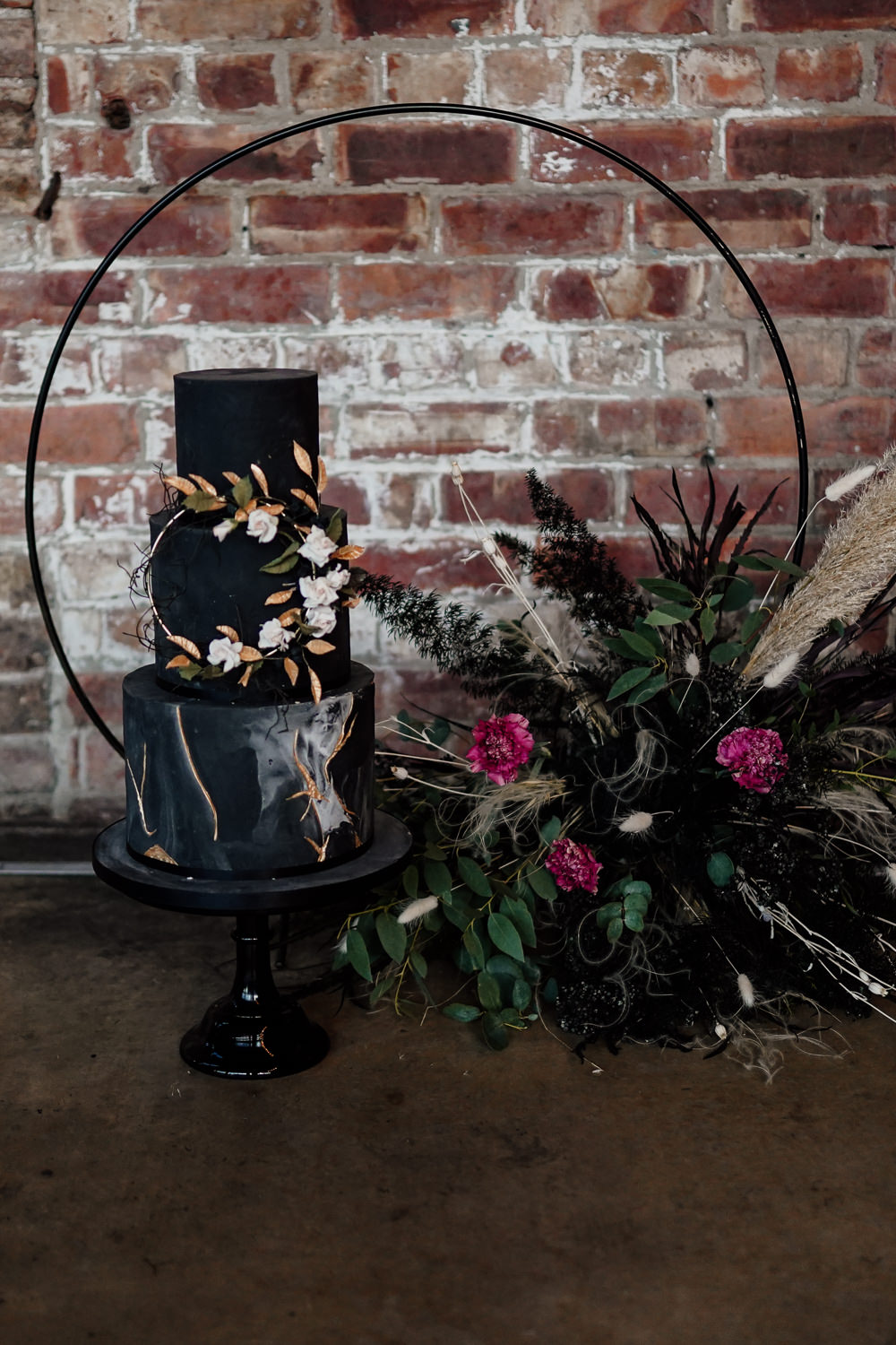 Black Cake Flowers Hoop Industrial Wedding Ideas Sam Sparks Photography