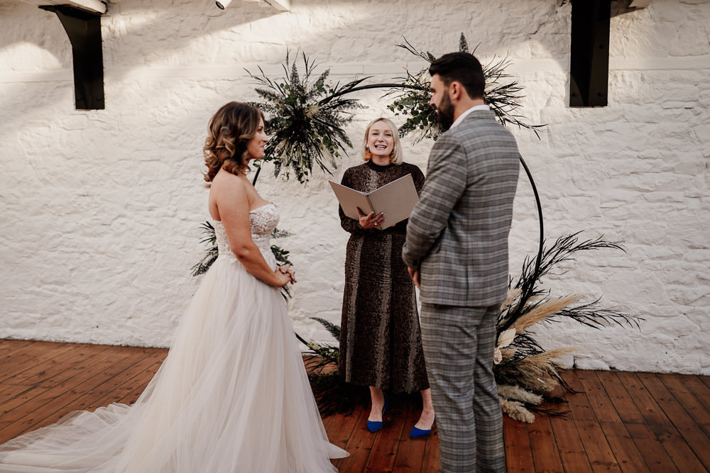 Moongate Flower Arch Candles Aisle Ceremony Pampas Grass Industrial Wedding Ideas Sam Sparks Photography