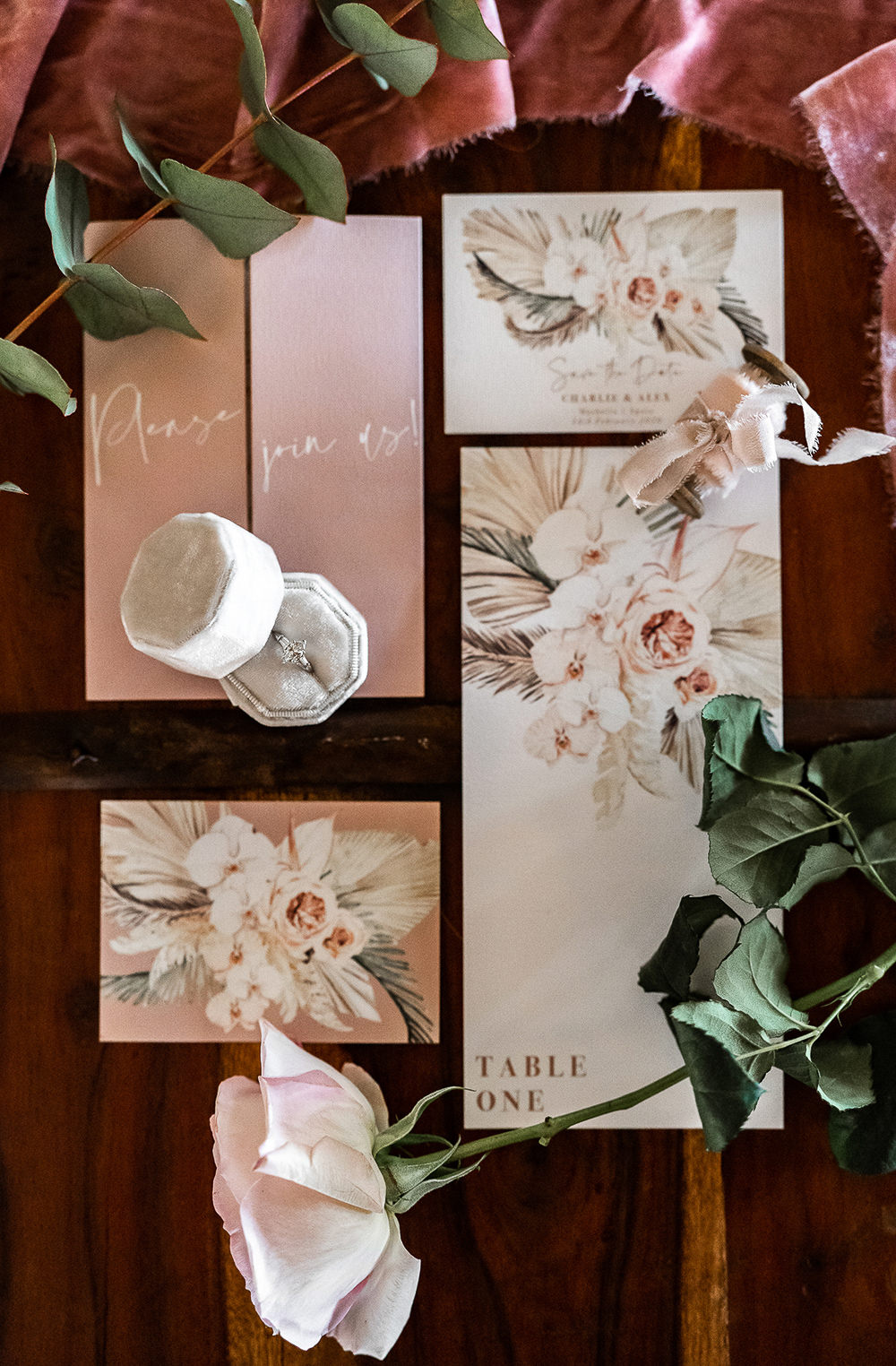 Stationery Floral Pink Invite Invitation Velvet Ring Box Marbella Elopement Wedding Nora Photography