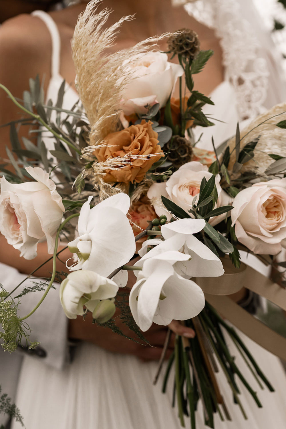 Bouquet Flowers Bride Bridal Orchid Orange Rose Pampas Grass Marbella Elopement Wedding Nora Photography
