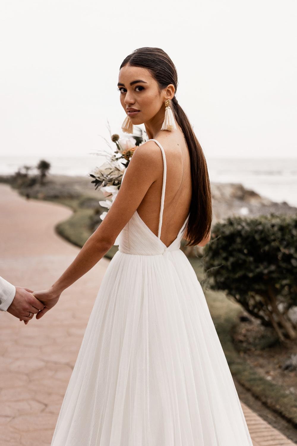 Ponytail Hair Dress Gown Bride Bridal Straps Skirt Marbella Elopement Wedding Nora Photography