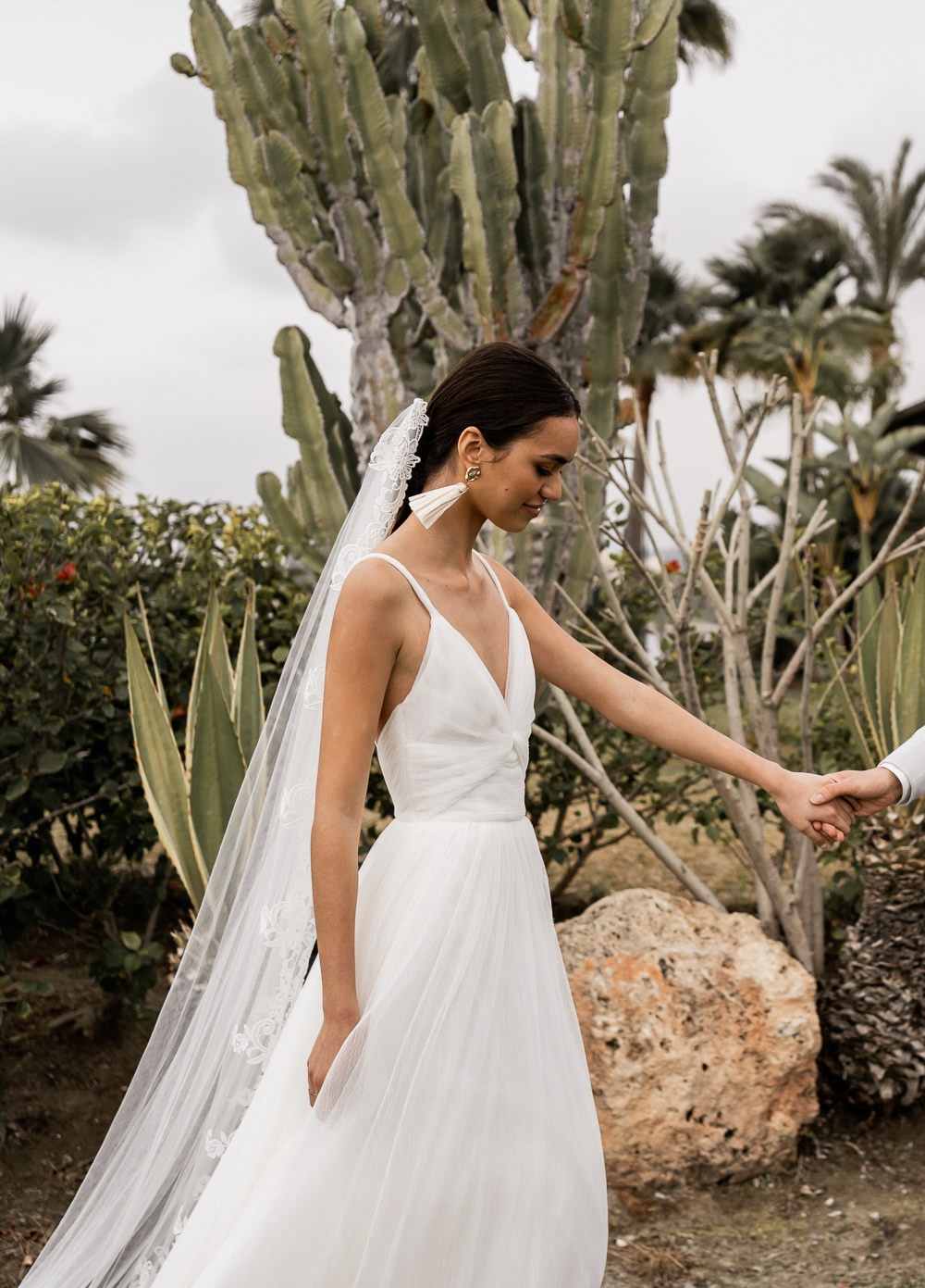 Dress Gown Bride Bridal Straps Skirt Lace Veil Marbella Elopement Wedding Nora Photography