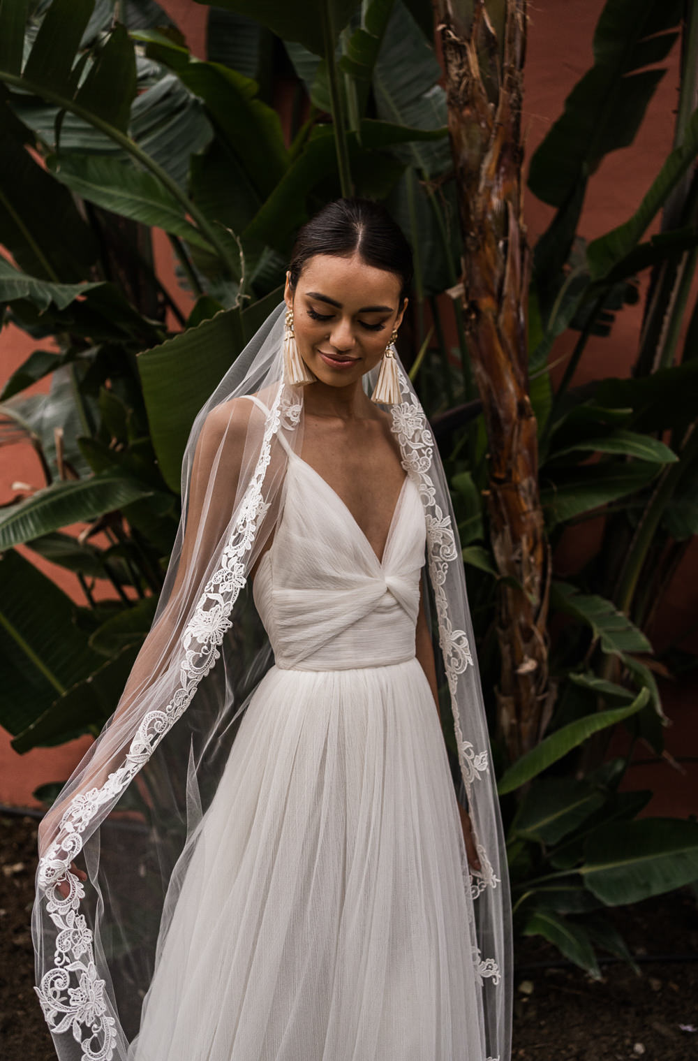 Dress Gown Bride Bridal Straps Skirt Lace Veil Marbella Elopement Wedding Nora Photography