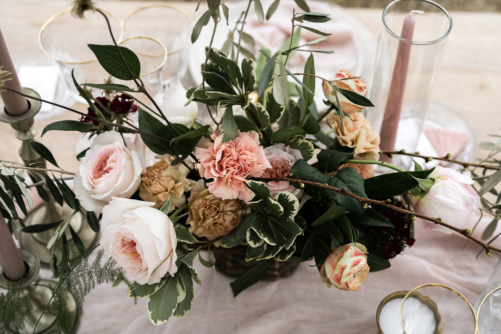 Table Flowers Centrepiece Greenery Pink Rose Marbella Elopement Wedding Nora Photography