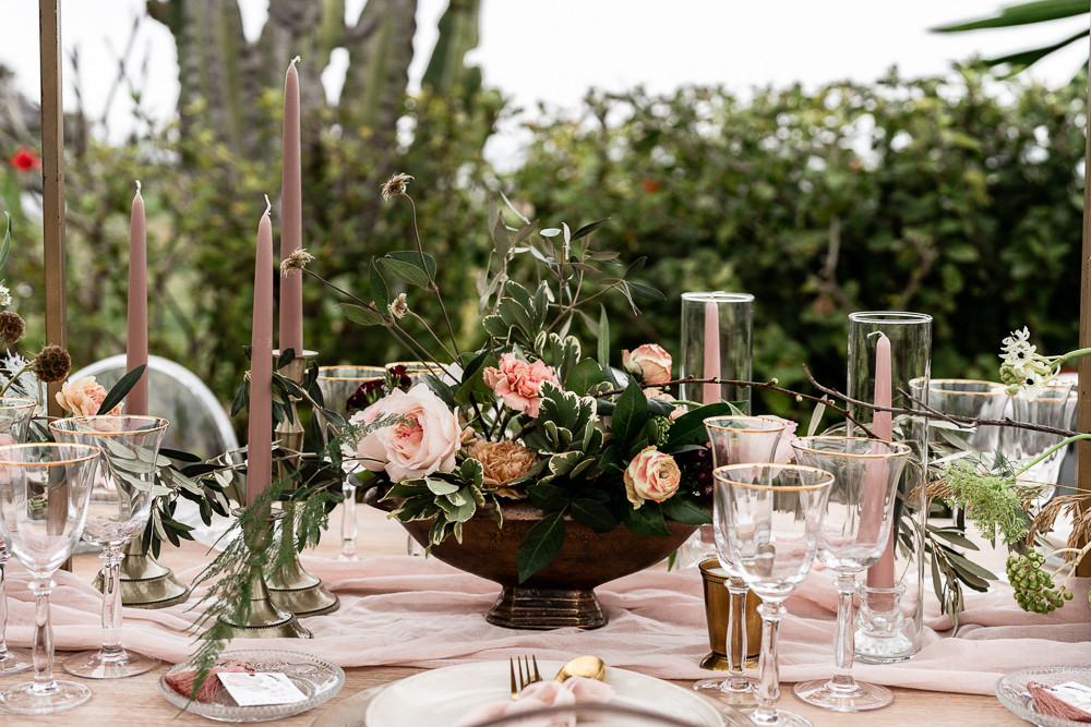 Table Flowers Centrepiece Greenery Pink Rose Marbella Elopement Wedding Nora Photography