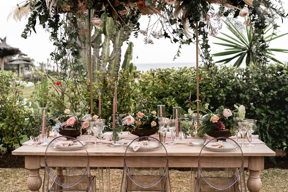 Table Tablescape Flowers Candles Decor Ghost Chairs Suspended Flowers Greenery Hanging Marbella Elopement Wedding Nora Photography