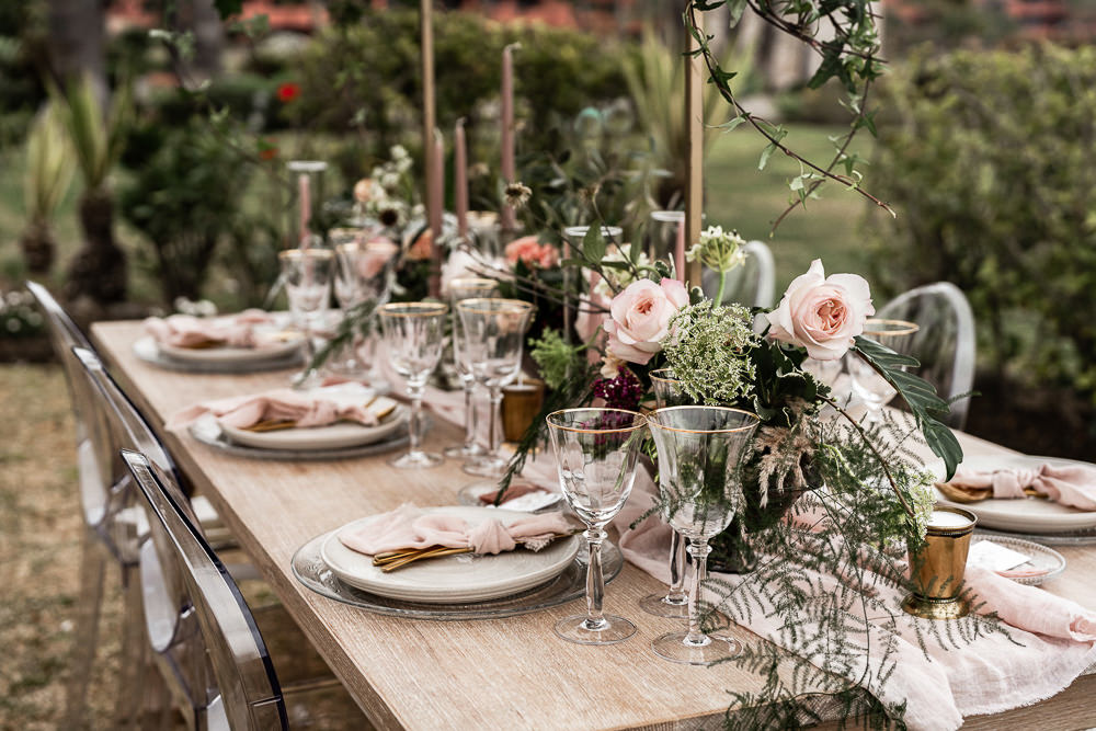 Table Tablescape Flowers Candles Decor Ghost Chairs Suspended Flowers Greenery Hanging Marbella Elopement Wedding Nora Photography